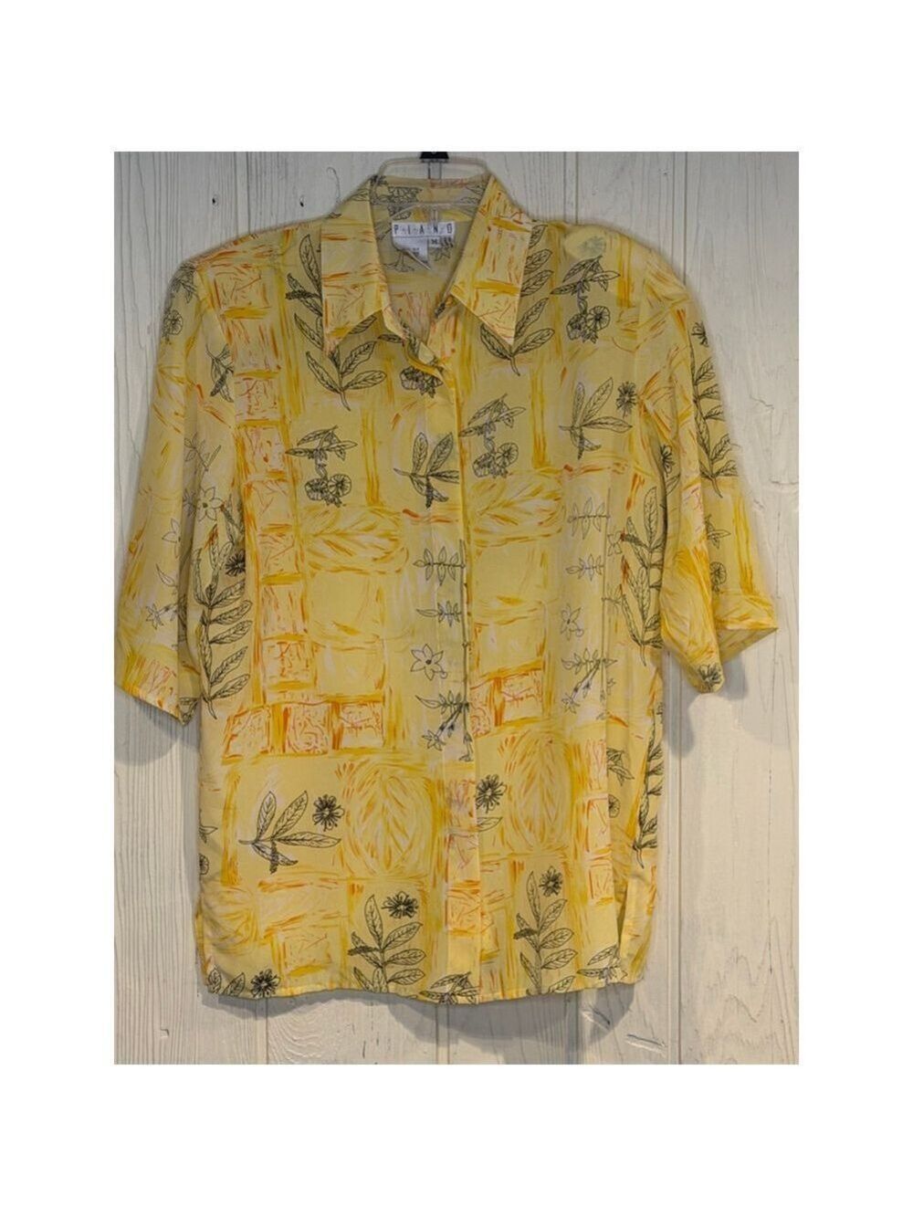 PIANO Yellow Orange Floral Silk Button Down Vintage Shirt M
